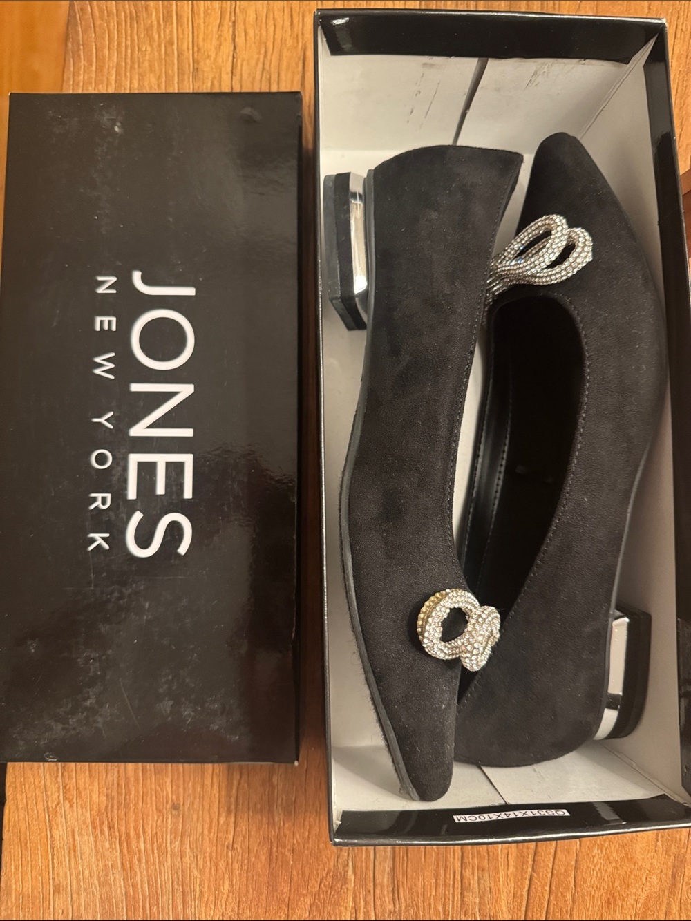 Jones New York Black Suede Pointed Flats with Rhinestone Buckle